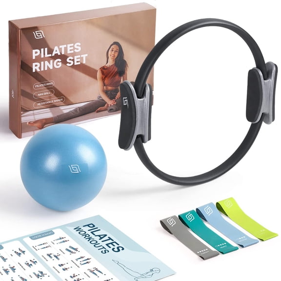 Pilates Ring Set - 14" Anti-deformation Magic Circle With Padded Handles Mini Ball Resistance Bands Guide & Bag