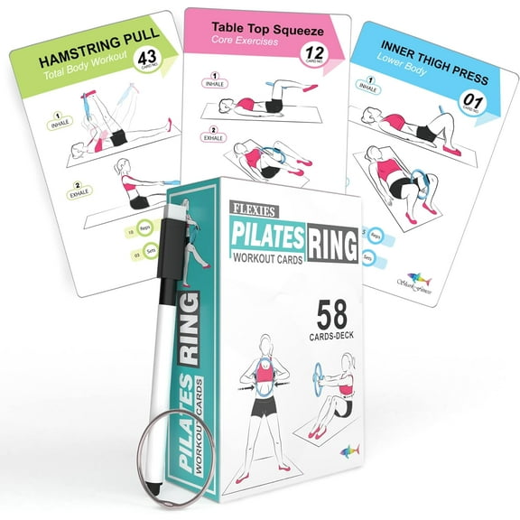 Pilates Ring Workout Cards | 58 Exercise Cards with Postures, Breathing Tips & Intensity Levels | Waterproof Color-Coded Pilates Flash Cards with Dry-Erase Marker