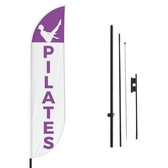 Pilates Sign feather flag Pole Kit for Outdoor by Mavis Printing | 15 FEET Long Polyester Outdoor Banner Flag Stand for Easy Hang | HD Print Swooper Flag Pole Mount to Advertise Pilates
