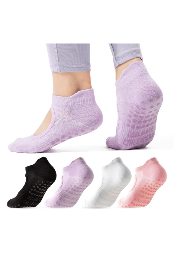 Pilates Socks with Grips for Women, Yoga Socks, Crew Non Slip Socks Women for Workout, Barre, Pilates Gifts(4 Pairs) (US, Numeric, 6, 10, Regular, Regular, Pink/White/Light Purple/Black)