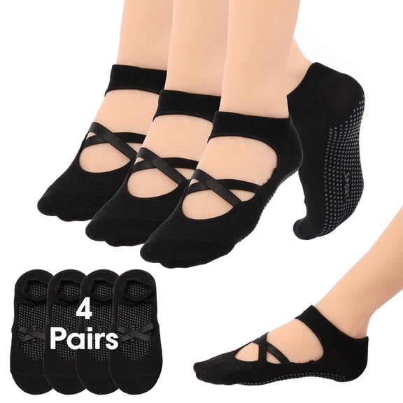 Pilates Socks for Women Non Slip Grip with Grippers for Yoga, Barre, Hospital, Ballet, Dance, Barefoot Workout, 4 Pairs