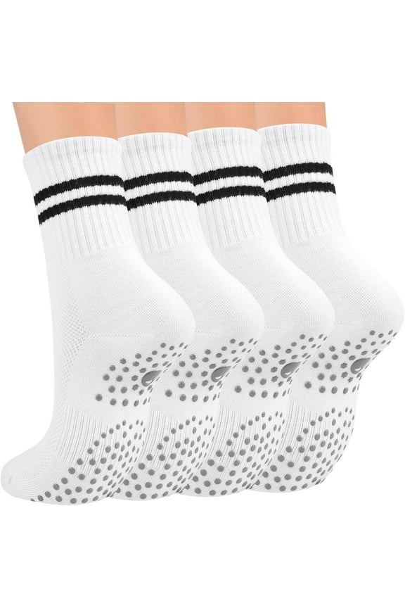 Pilates Socks for Women with Non Slip Grippers, Yoga Crew Socks for Barre Hospital Sticky Slipper Socks 4 Pairs