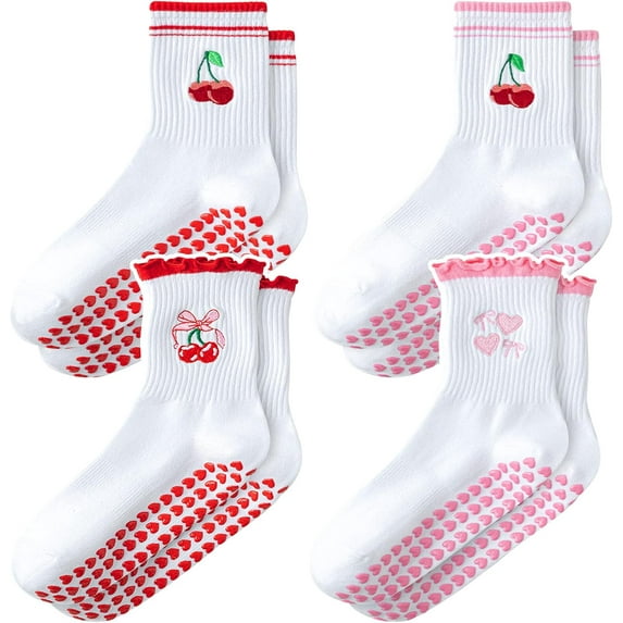 Pilates Socks with Grips for Women,4Pairs Ruffle Yoga Sock Cute Cotton Grippy Socks for Barre Workout Non Slip 5-10in