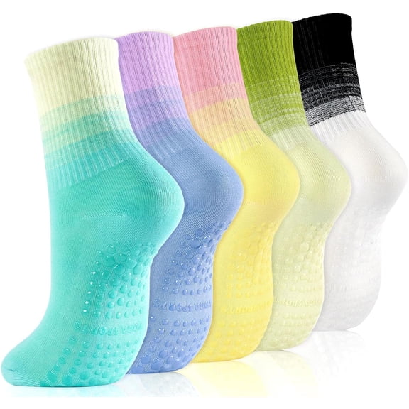 Pilates Socks with Grips for Women 5 Pairs Grippy Yoga Sock Crew Size 7-9 for Workout Barre Ballet Barefoot