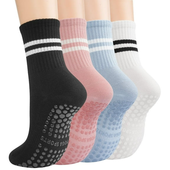 Pilates Socks with Grips for Women, Yoga Non Slip Socks for Barre Hospital Workout Slipper Footies 2-4 Pairs