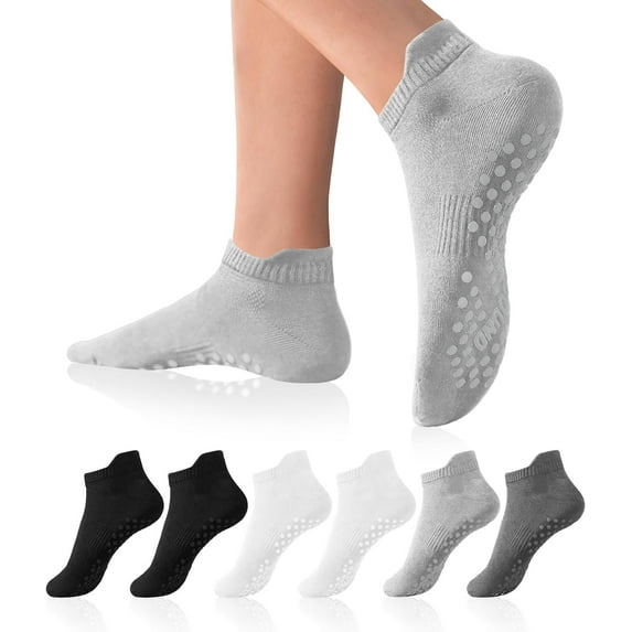 Pilates Socks with Grips for Women Yoga Socks Non Slip Barre Hospital Socks 6-Pairs Grippy Ankle Socks