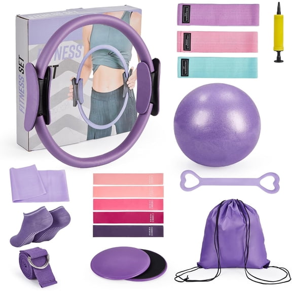 Pilates Workout Kit - 13 Inch Magic Circle with Resistance Bands and Mini Ball for Home Exercise and Core Training