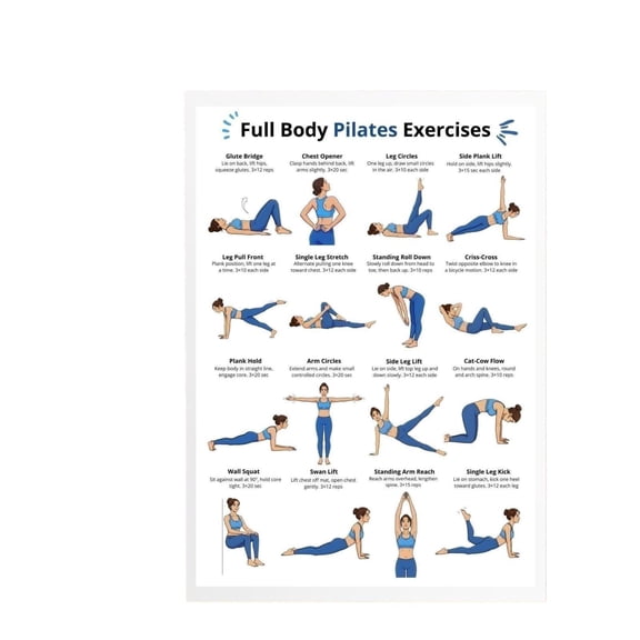 Pilates Workout Poster Beginners Full Body No Equipment, Home pilates guide chart for beginners