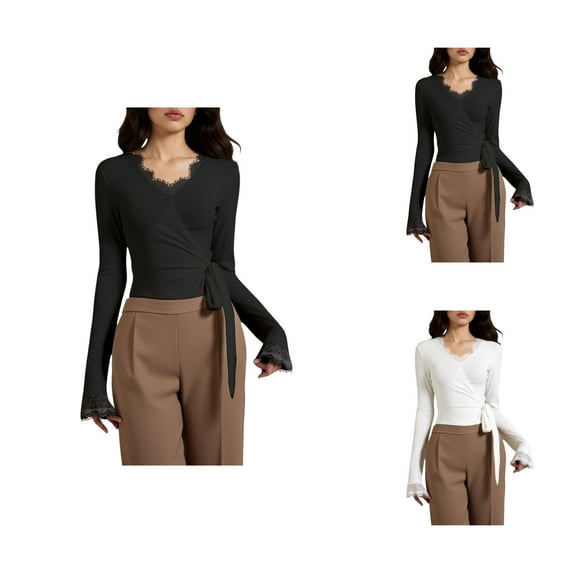 Pilates Wrap Top for Women 2025 Lace Long Sleeve V-Neck Cross Wrap Side Tie Slim Fit Workout Ballet Shirt Yoga Blouse