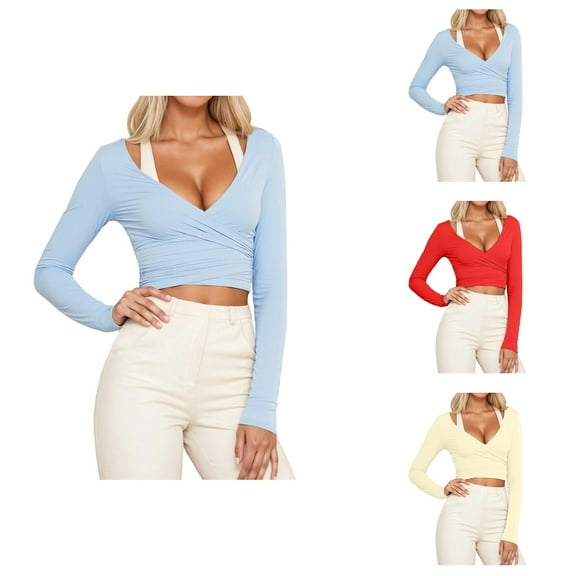 Pilates Wrap Top for Women 2025 Long Sleeve V-Neck Back Tie Cross Wrap Slim Fit Workout Ballet Shirt Yoga Blouse