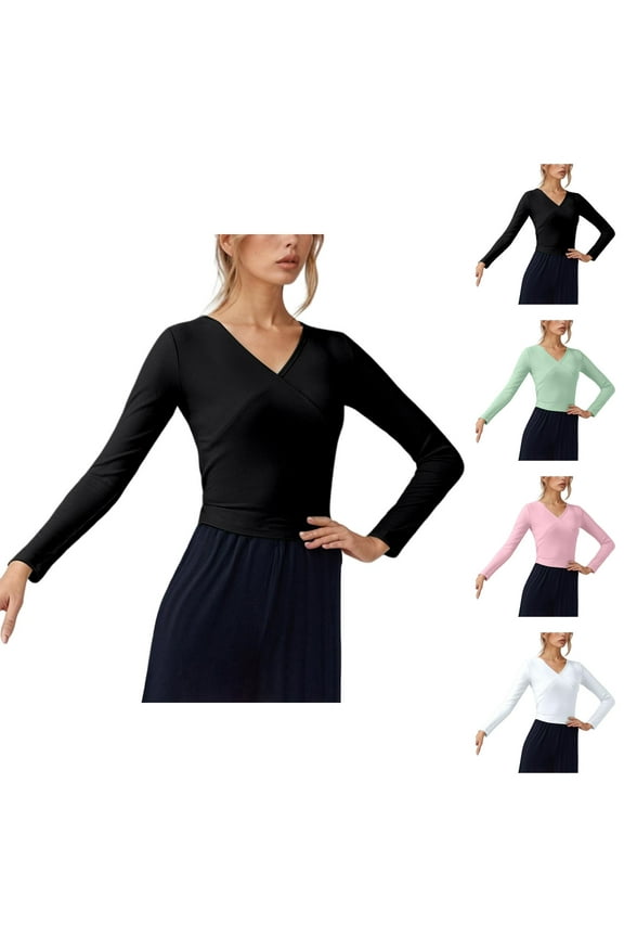 Pilates Wrap Top for Women 2025 Long Sleeve V-Neck Cross Wrap Back Tie Slim Fit Workout Ballet Shirt Yoga Blouse