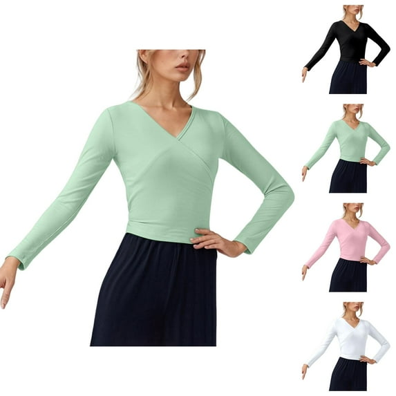 Pilates Wrap Top for Women 2025 Long Sleeve V-Neck Cross Wrap Back Tie Slim Fit Workout Ballet Shirt Yoga Blouse