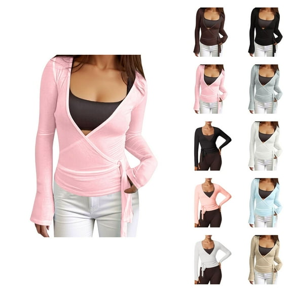 Pilates Wrap Top for Women 2025 Long Sleeve V-Neck Cross Wrap Side Tie Slim Fit Workout Ballet Shirt Yoga Blouse