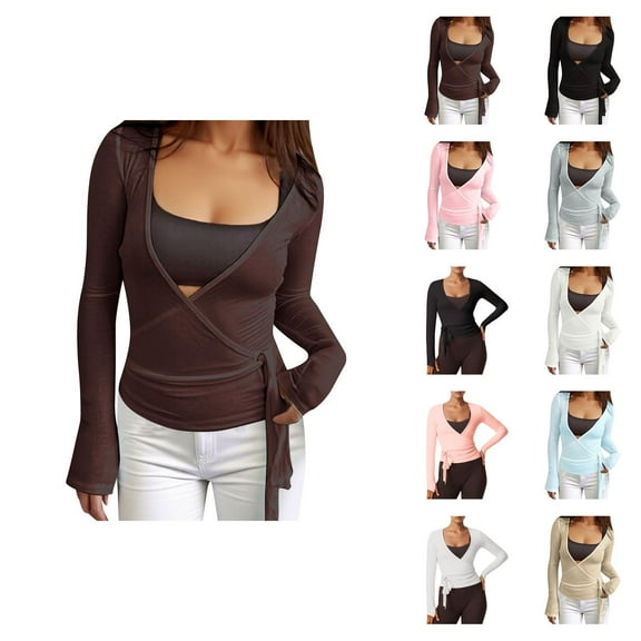 Pilates Wrap Top for Women 2025 Long Sleeve V-Neck Cross Wrap Side Tie Slim Fit Workout Ballet Shirt Yoga Blouse