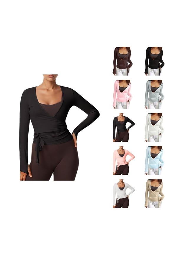 Pilates Wrap Top for Women 2025 Long Sleeve V-Neck Cross Wrap Side Tie Slim Fit Workout Ballet Shirt Yoga Blouse