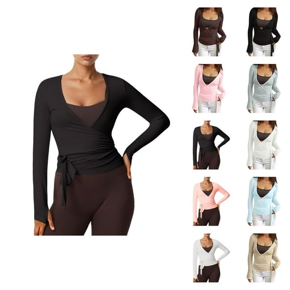Pilates Wrap Top for Women 2025 Long Sleeve V-Neck Cross Wrap Side Tie Slim Fit Workout Ballet Shirt Yoga Blouse