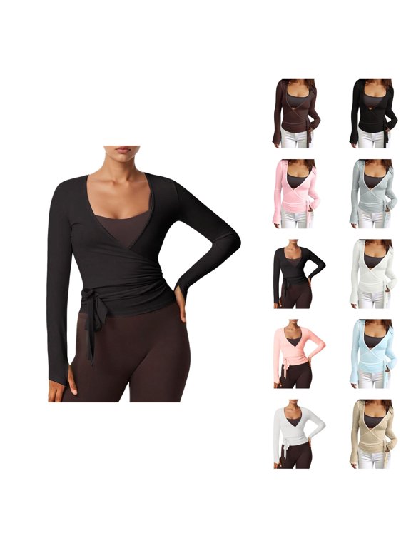 Pilates Wrap Top for Women 2025 Long Sleeve V-Neck Cross Wrap Side Tie Slim Fit Workout Ballet Shirt Yoga Blouse