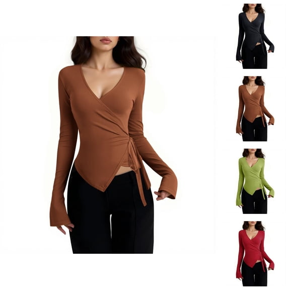 Pilates Wrap Top for Women 2025 Long Sleeve V-Neck Side Tie Cross Wrap Slim Fit Workout Ballet Shirt Yoga Blouse