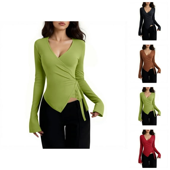 Pilates Wrap Top for Women 2025 Long Sleeve V-Neck Side Tie Cross Wrap Slim Fit Workout Ballet Shirt Yoga Blouse