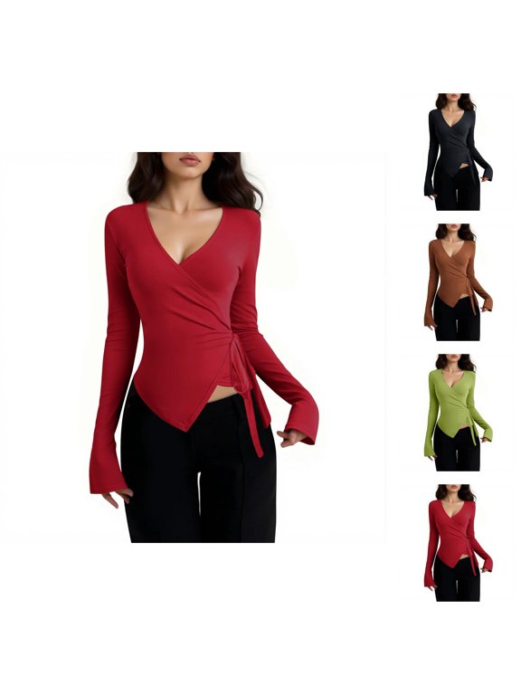 Pilates Wrap Top for Women 2025 Long Sleeve V-Neck Side Tie Cross Wrap Slim Fit Workout Ballet Shirt Yoga Blouse