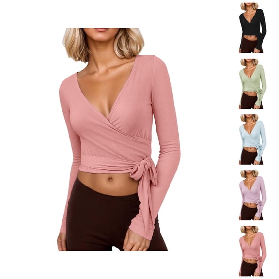 Pilates Wrap Top for Women 2025 Y2K Long Sleeve V-Neck Cross Wrap Side Tie Slim Fit Workout Ballet Shirt Yoga Blouse