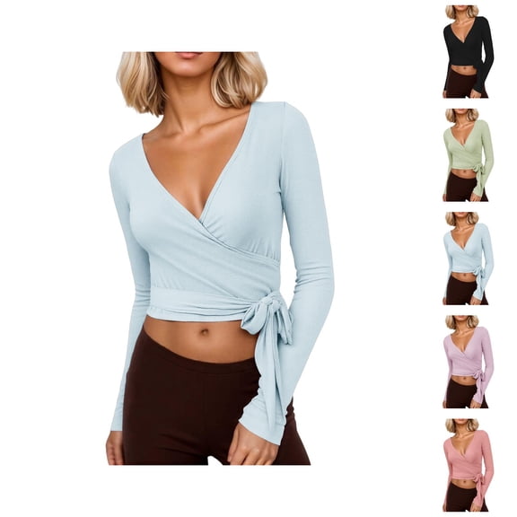 Pilates Wrap Top for Women 2025 Y2K Long Sleeve V-Neck Cross Wrap Side Tie Slim Fit Workout Ballet Shirt Yoga Blouse