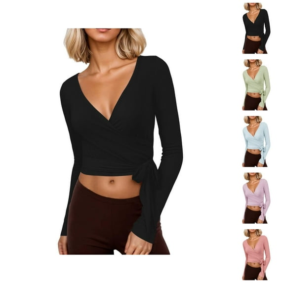 Pilates Wrap Top for Women 2025 Y2K Long Sleeve V-Neck Cross Wrap Side Tie Slim Fit Workout Ballet Shirt Yoga Blouse