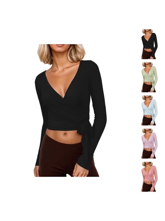Pilates Wrap Top for Women 2025 Y2K Long Sleeve V-Neck Cross Wrap Side Tie Slim Fit Workout Ballet Shirt Yoga Blouse