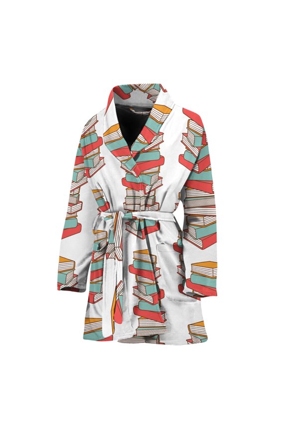 Pile Of Reading Books Pattern Women Bathrobe One Size Univeral Fits, Book Reading Lover Fashion Lightweight Plush Fleece Long Robe For Women