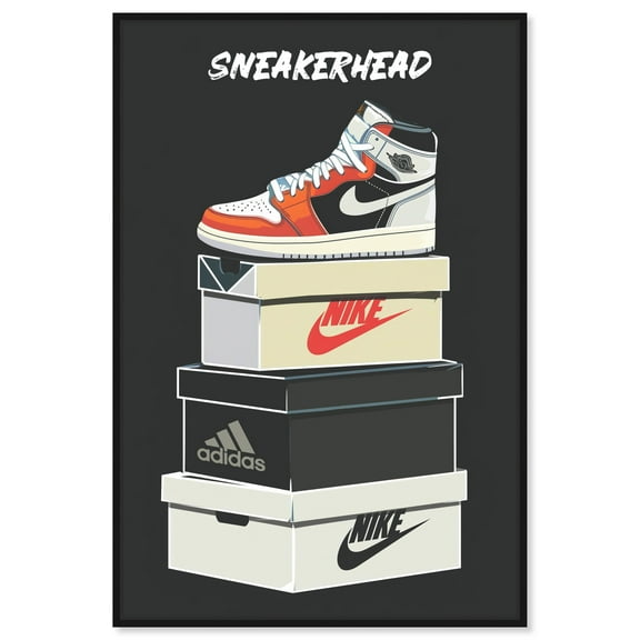 Pile Of Sneaker Boxes Motivational Quotes Man Cave Canvas Wall Art by Notoriart, Black Floater Frame, 10"x15"