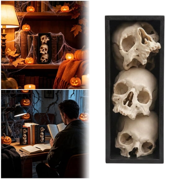 Pile of Skulls Book Nook Gothic Skull Bookshelf Insert 3 Tier Stacked Skulls Sculpture with Black Frame for Halloween Living Room Study Decor Mysterious Academia Bookshelf Decoration