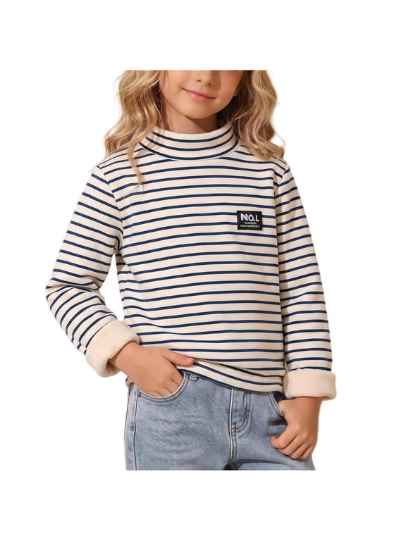 Toddler Girls Striped Long Sleeve Sweatshirt Mock Neck Thick Basic Tee Casual Warm Cozy Fall Winter Pullover Tops