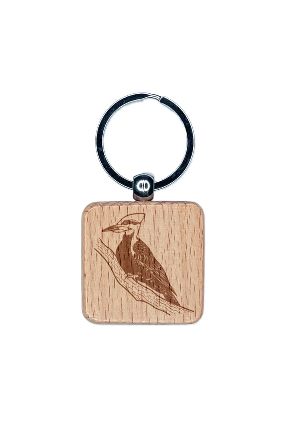 Pileated Woodpecker Bird on Branch Square Keychain Charm Tag - Engraved Wood