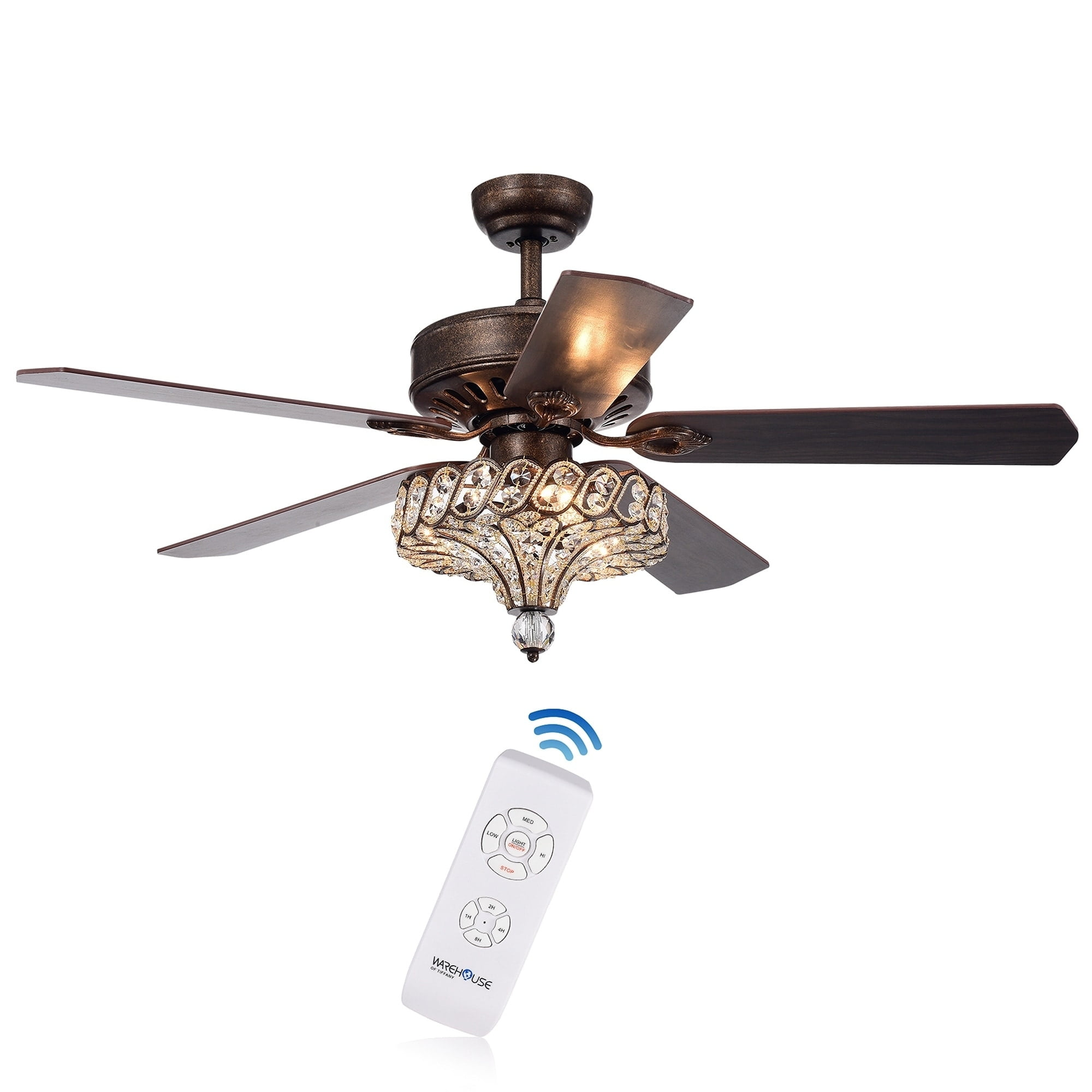 Antique Bronze 52-Inch Ceiling Fan with Crystal Chandelier and Remote