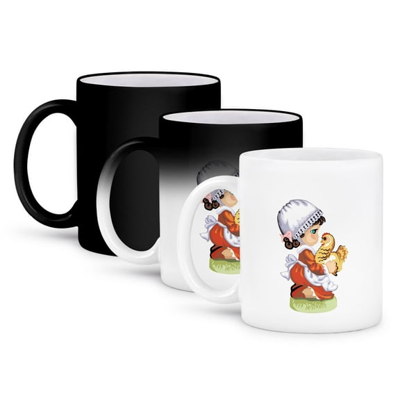 3dRose, Pilgrim Girl Holding Chicken , 11oz Magic Transforming Mug