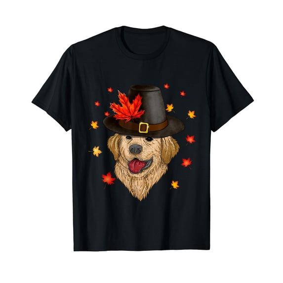 Pilgrim Golden Retriever Dog Face Fall Vibes Thanksgiving Black T-Shirt