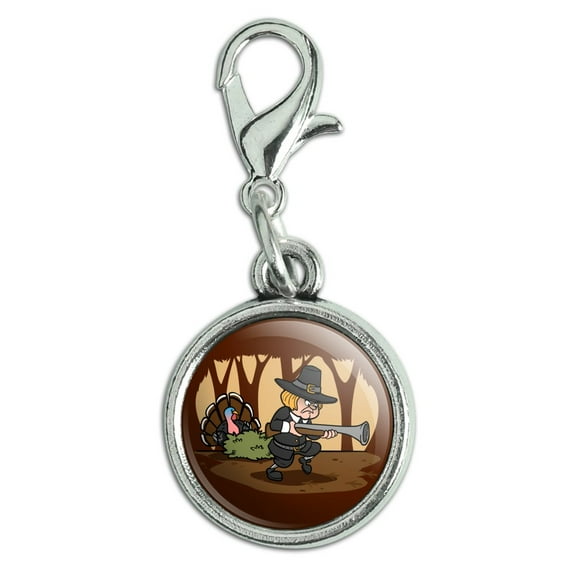 Pilgrim Turkey Thanksgiving Hunting Antiqued Bracelet Pendant Zipper Pull Charm with Lobster Clasp