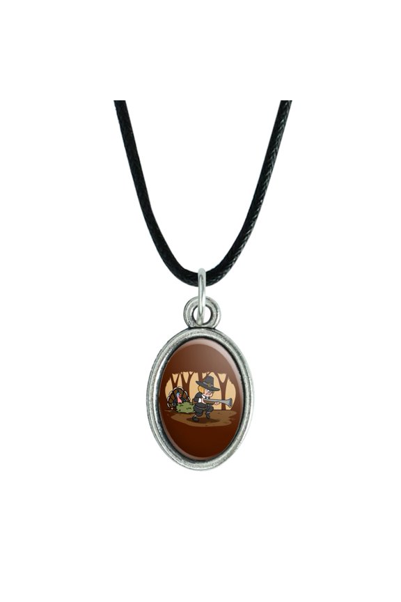 Pilgrim Turkey Thanksgiving Hunting Antiqued Oval Charm Pendant with Black Satin Cord