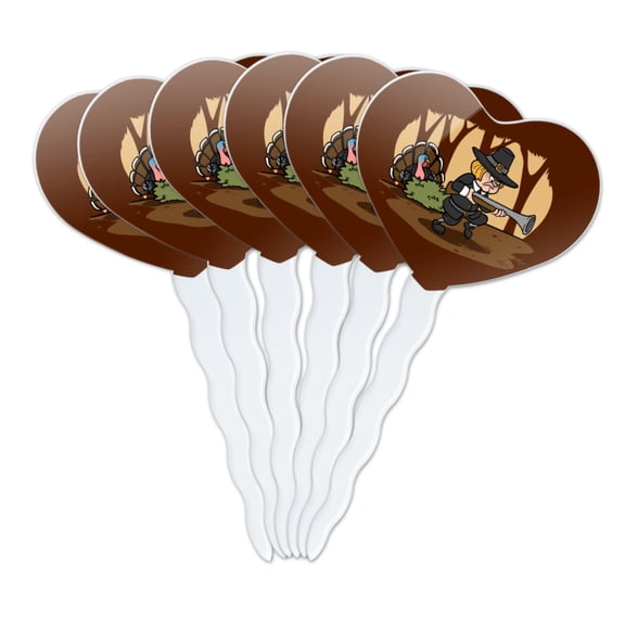 Pilgrim Turkey Thanksgiving Hunting Heart Love Cupcake Picks Toppers Decoration Set of 6