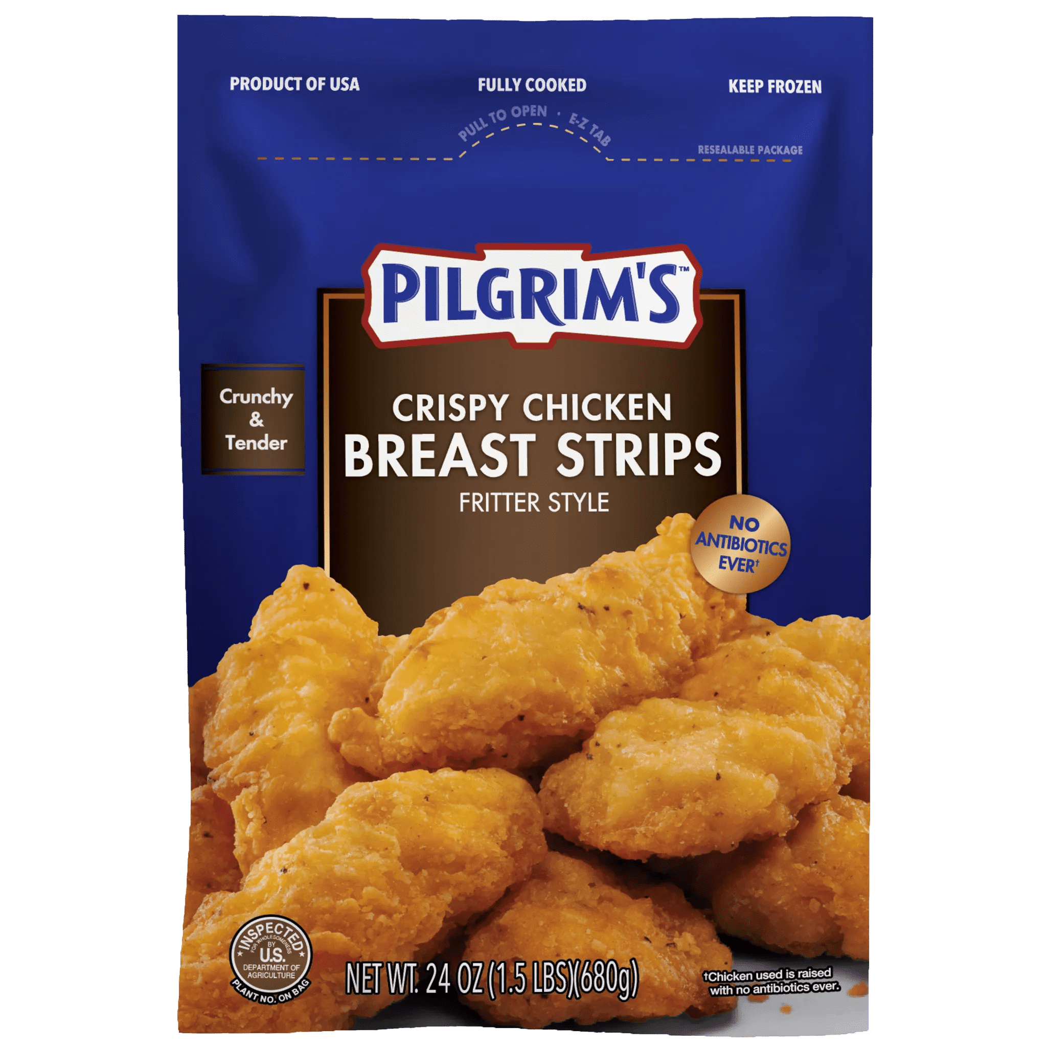 Pilgrims Frozen Fully Cooked Chicken Breast Strips 24oz, 14g Protein,  serving size 3oz 