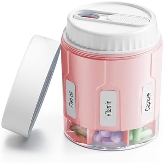 Pill Bottle Organizer, Supplement Organizer with 7 Large Compartments, Travel Pill Dispenser Round Pill Box with Two Lids(Pink+White)
