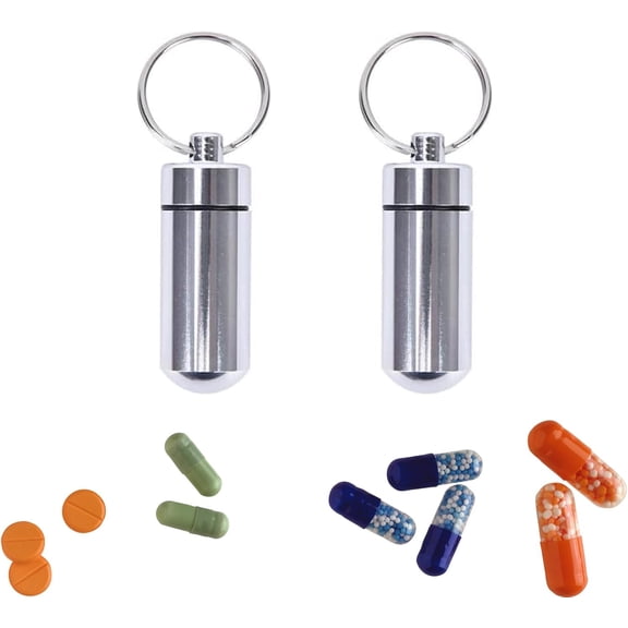 Pill Box Keyring 2 Pcs Waterproof Aluminum Pill Box, Mini Pocket Pill Case Silver Pill Holder Medicine Case Water Resistant Keychain Mini Pill Holder Pill Container For Outdoor Travel Camping