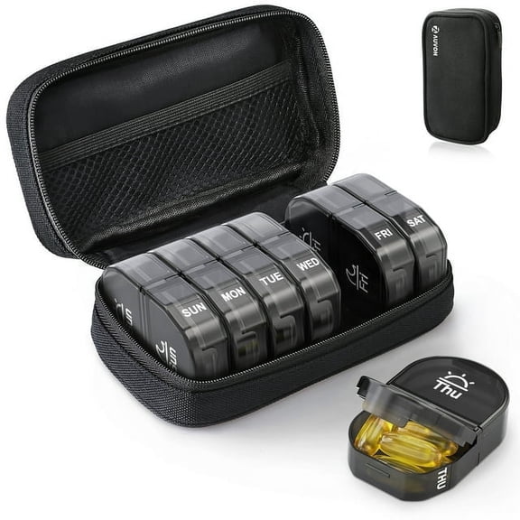 Pill Box Weekly Pill Organizer 2 Times a Day Canvas Bag, Large AM/PM Pill Box 7 Day with Portable Zipper Cloth Bag