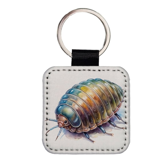Pill Bug Watercolor Faux Leather Square Keychain