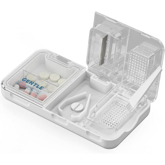 Pill Crusher Cutter Splitter, SOATUTO 3 in 1 Multi-Functional Pill Cutter Crusher, Portable Travel Purse Pill Box Case Holder, Medicine Grinder Container for Cutting Vitamin Tablet - White