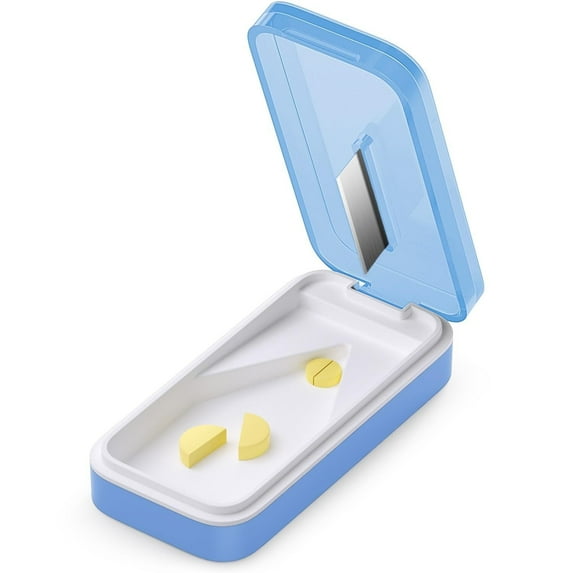 Pill Cutter, Pill Splitter for Small or Large Pills, Cuts Vitamins, Tablets, Detachable Pad for Clean Cuts, Travel Friendly, Blue