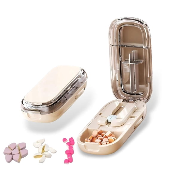 Pill Cutter with Centering Device Splits 1/2 and 1/4 Self-Retracting Blade Khaki