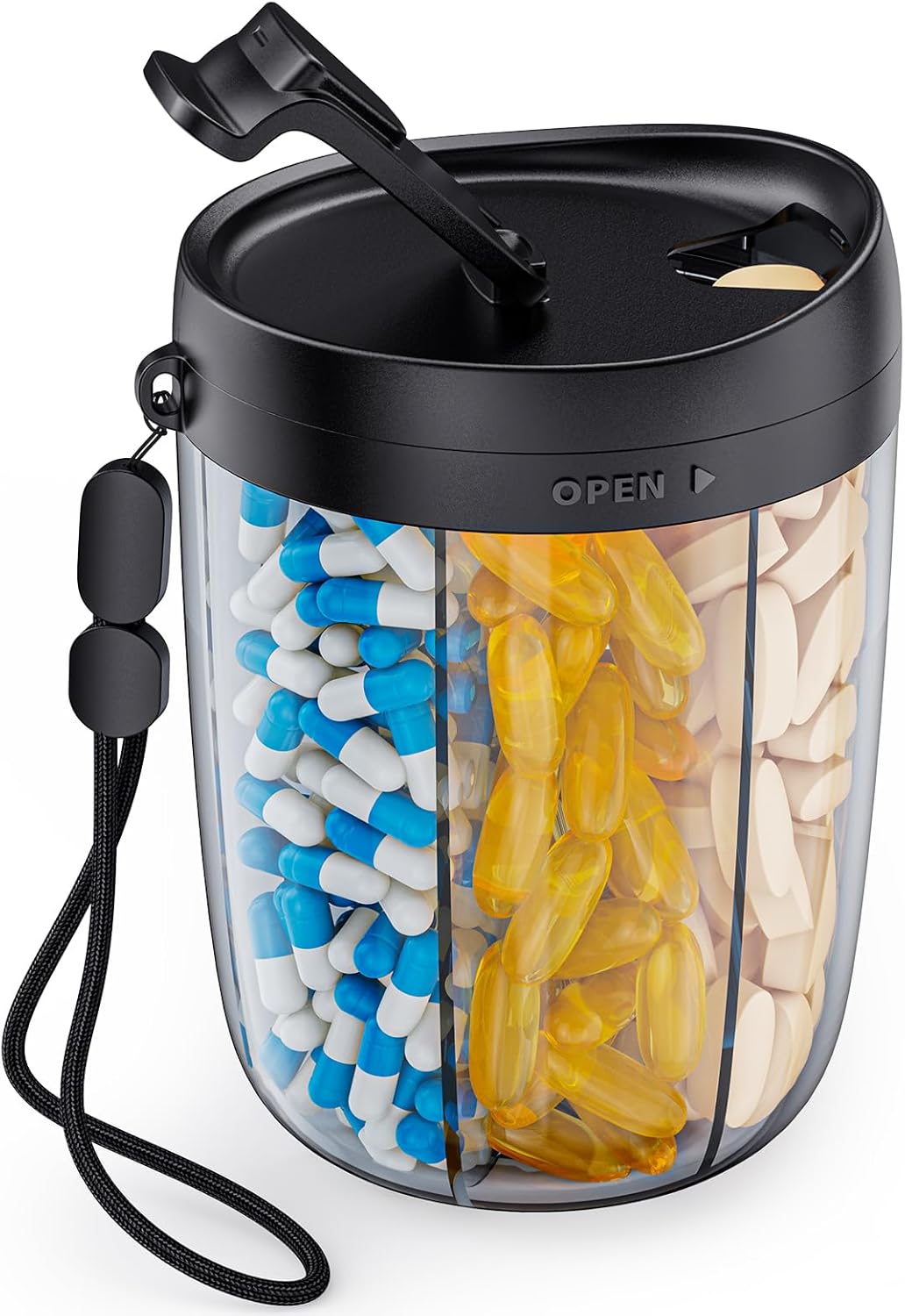 Pill Dispenser with 6 Large Compartments, Supplement Pill Organizer Easy to Retrieve, Pill Box with Anti-Mixing & Wide Openings Designs for Medications, Vitamins, Fish Oils
