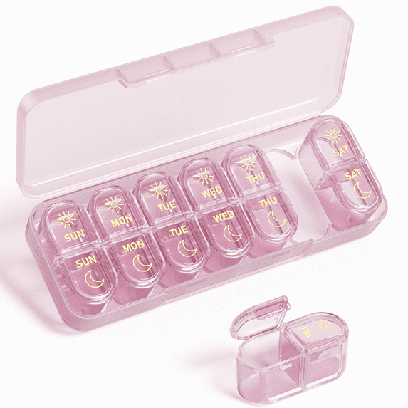 Pill Organizer 2 Times a Day, 7 Day Pill Box AM PM, Weekly Daily Medicine Organizer for Travel, Medication Container for Vitamins & Supplements (Pink)