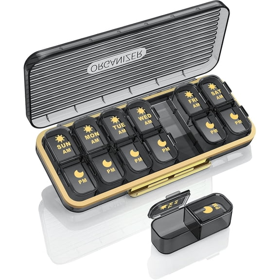 Pill Organizer 2 Times A Day, 7 Day Am Pm Pill Box - Weekly Pill Organizer Twice A Day, Portable Removable Daily Medicine Container Dispenser Case for Vitamin Fish Oil Supplement, Black Grey